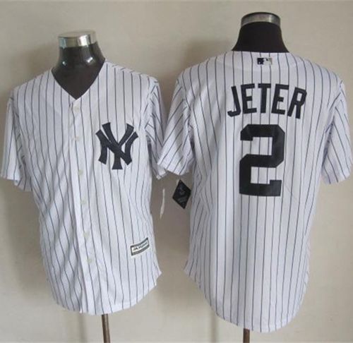 Yankees #2 Derek Jeter White Strip New Cool Base Stitched MLB Jersey - Click Image to Close